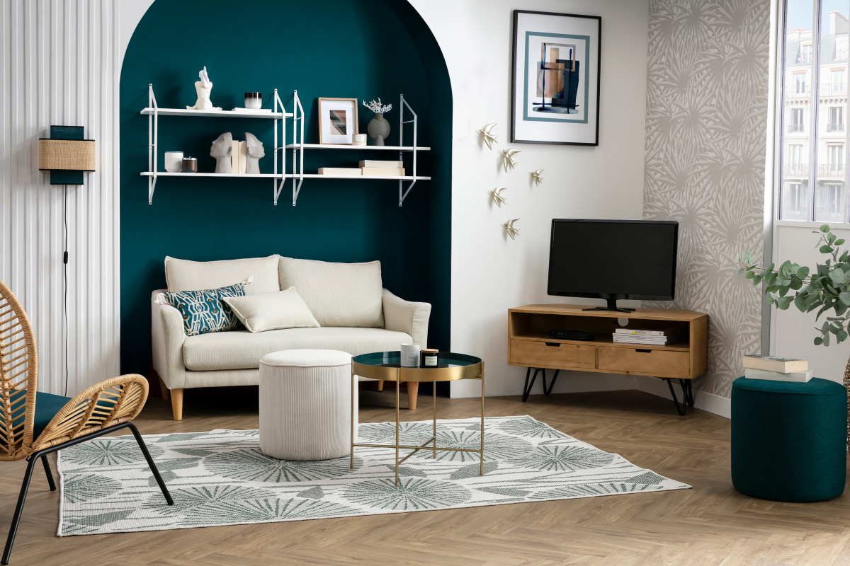 Meuble TV d'angle en bois manguier massif et m�tal noir L100 cm VIBES