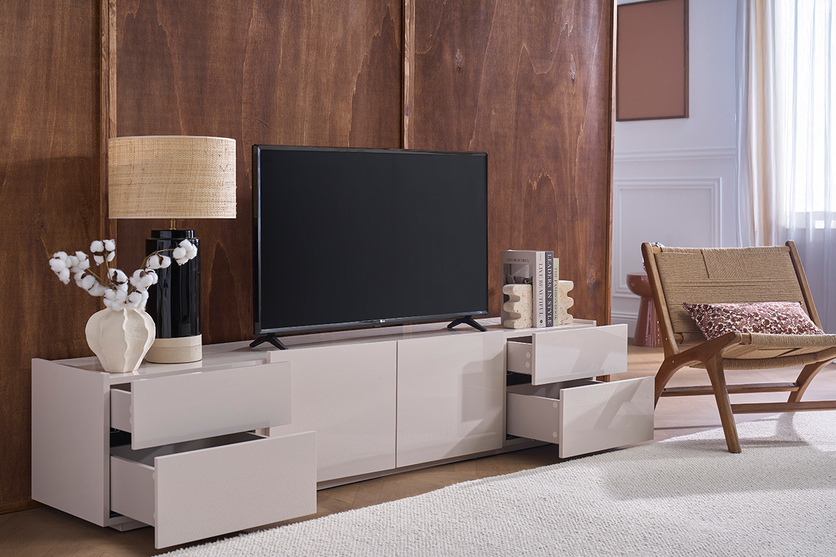 Meuble TV design beige laqu� brillant avec rangements L200 cm ISAURE