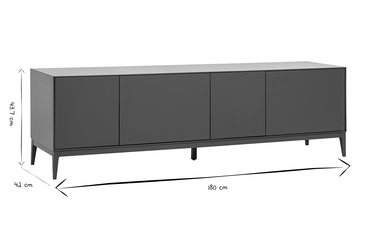 Dimensions du meuble TV design gris laqu�: L180 cm, H43,7 cm, P42 cm en noir et blanc.