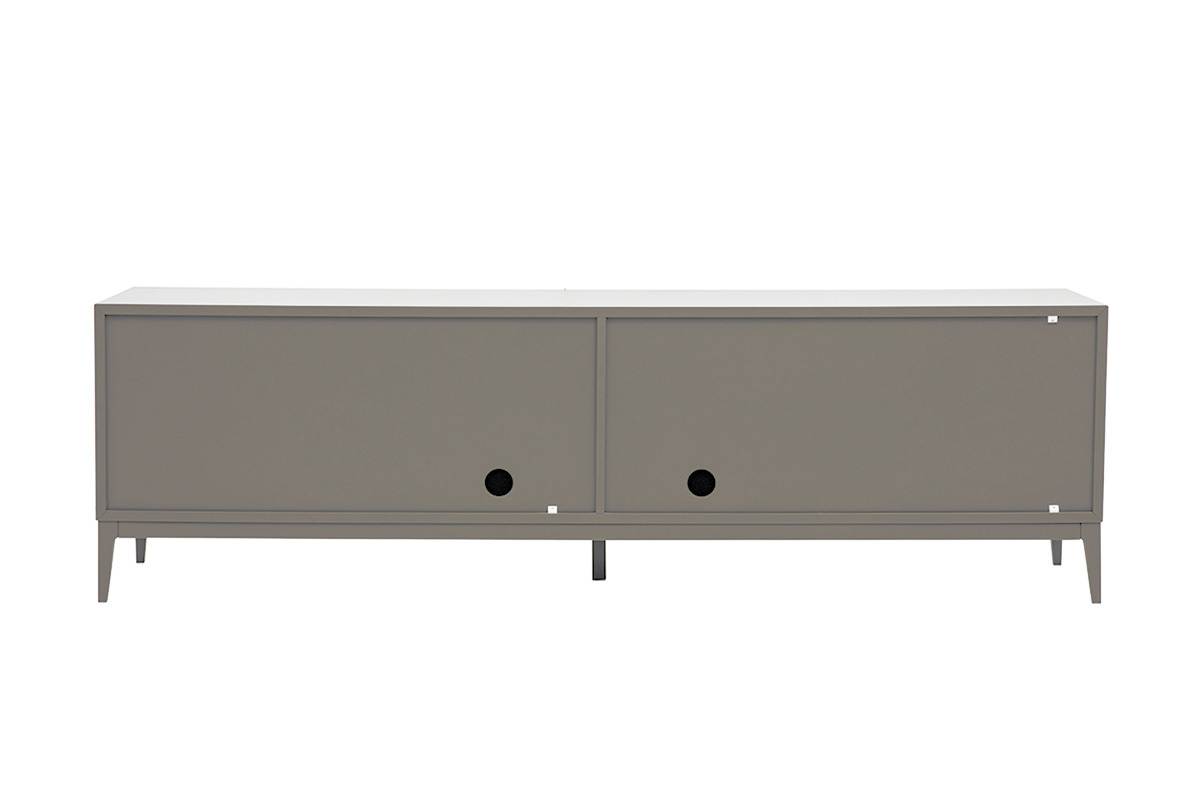 Meuble TV design gris laqu� mat avec rangements, vue de dos, L180 cm.