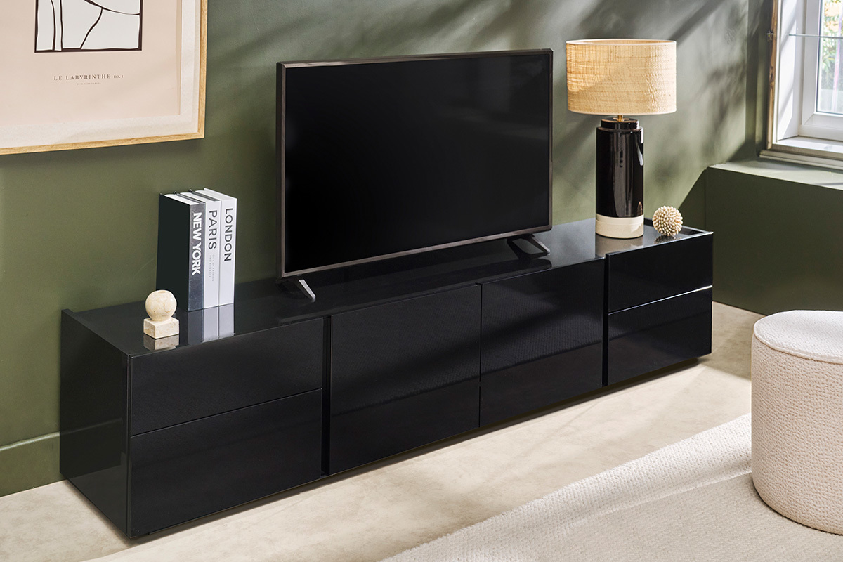 Meuble TV design noir laqu� brillant avec rangements L200 cm ISAURE