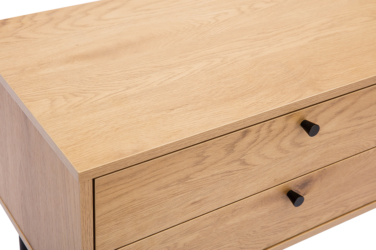 D�tail du dessus et tiroirs du meuble TV PERNELLE en bois clair ch�ne.