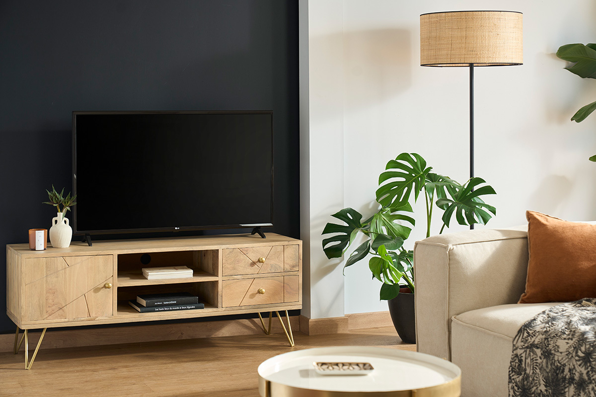 Meuble TV grav� en bois manguier massif et m�tal L130 LINIUM