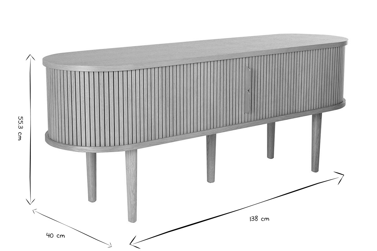 Dimensions du meuble TV vintage : L138 cm, P40 cm, H55.3 cm en noir et blanc.