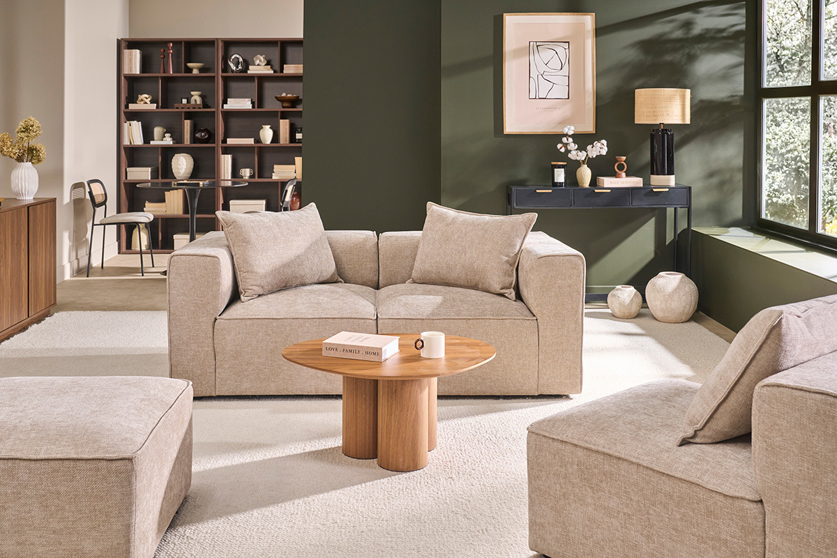 Module d'angle droit pour canap� en tissu effet velours textur� beige KERRY