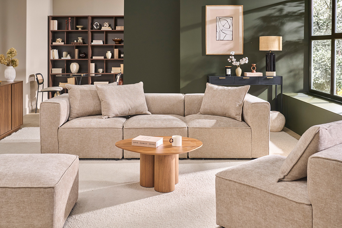 Module droit pour canap� en tissu effet velours textur� beige KERRY