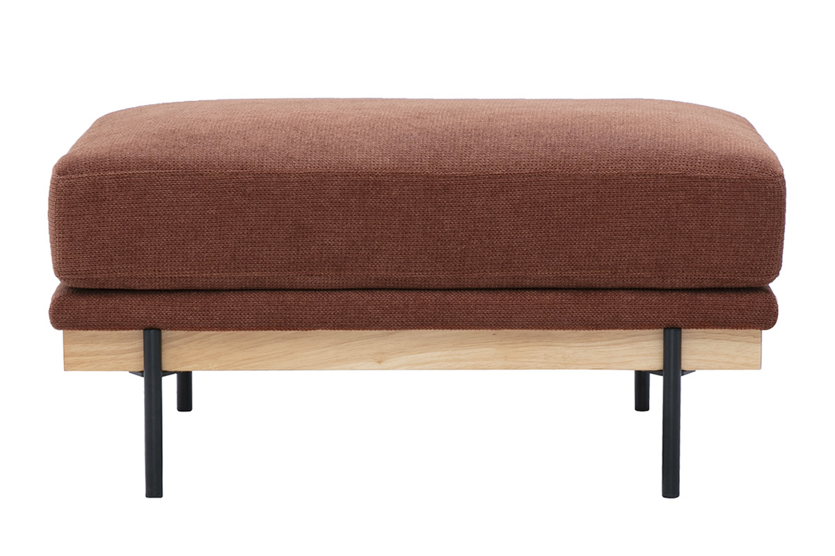 Pouf repose-pieds en tissu chenille terre br�l�e avec pieds en m�tal noir, vue de face.