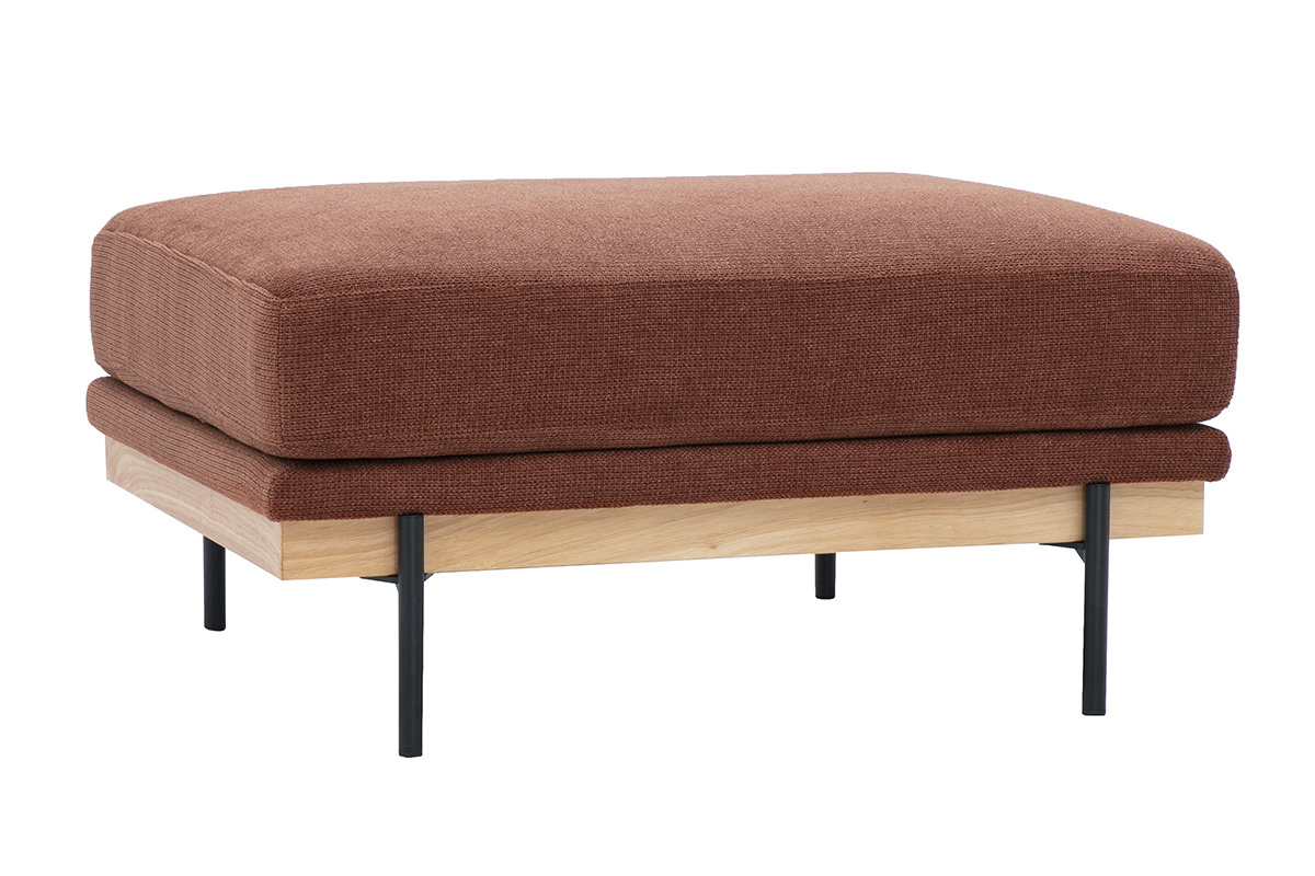 Pouf repose-pieds en tissu chenille terre br�l�e et m�tal noir, vue de 3/4