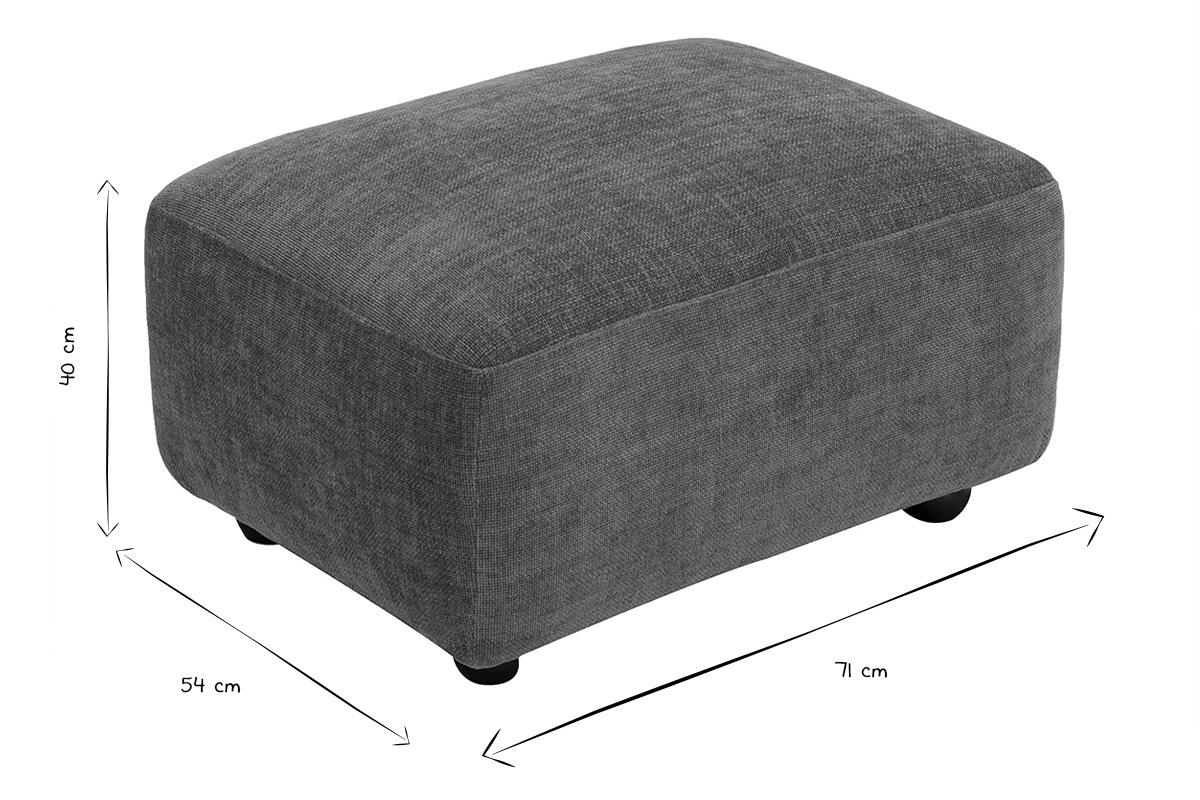 Dimensions du pouf repose pieds en noir et blanc, 71 cm de large, 54 cm de profond, 40 cm de haut.