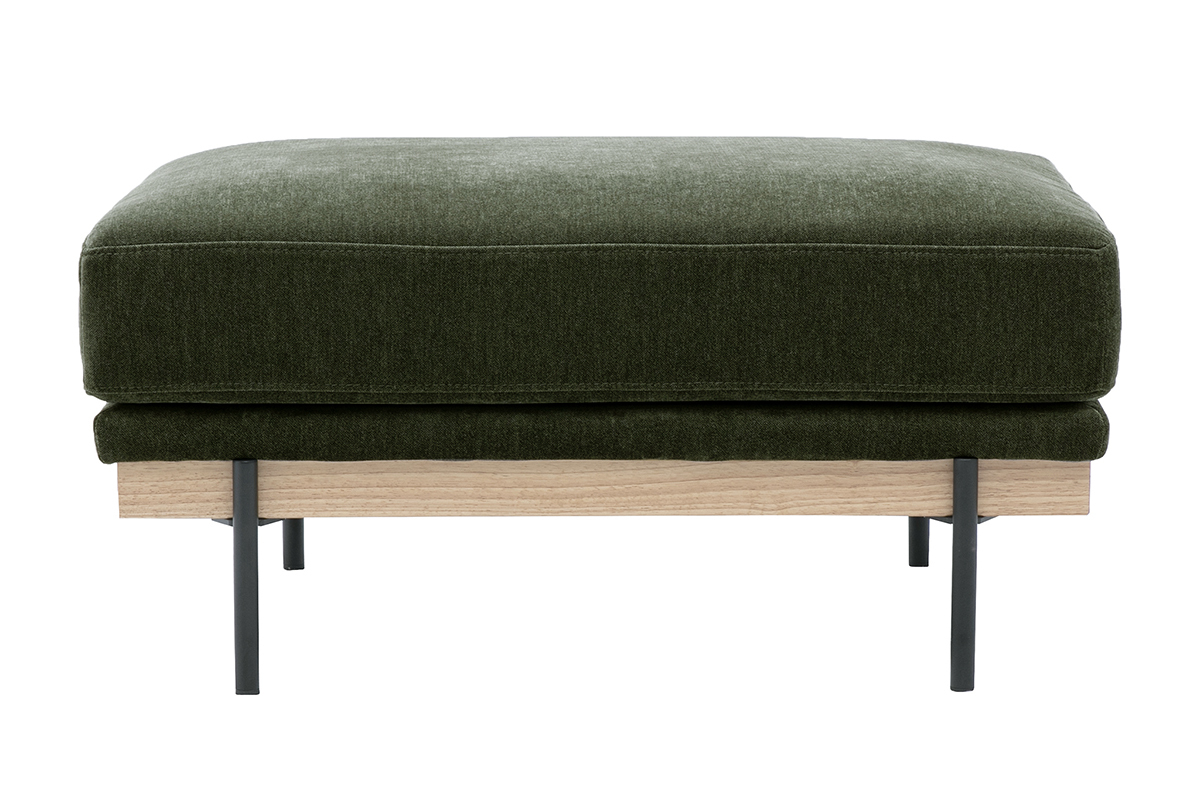 Vue de face du pouf repose-pieds TODD en tissu effet velours vert kaki avec pieds en m�tal noir.
