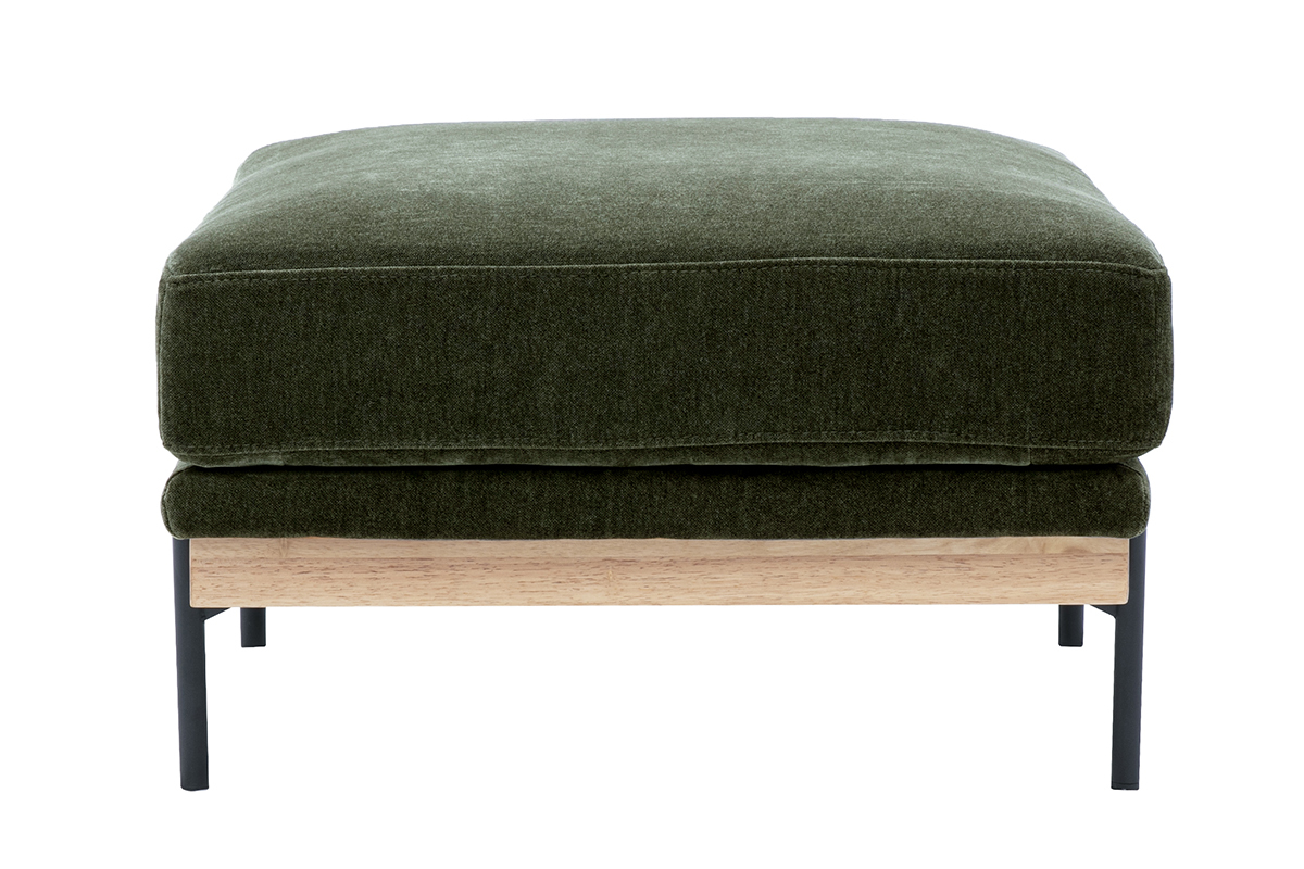 Pouf repose-pieds en tissu effet velours vert kaki, vu de profil, avec base en bois et m�tal noir.