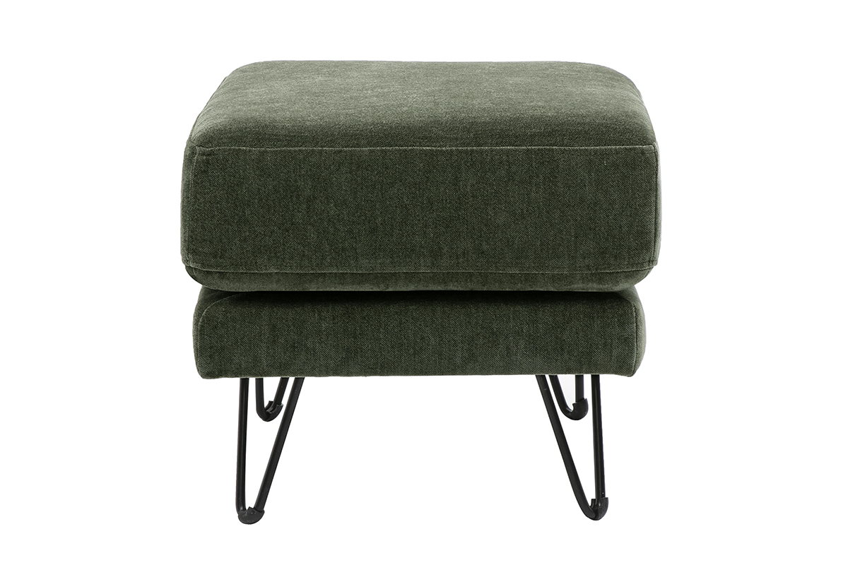 Pouf repose-pieds en tissu velours vert kaki avec pieds m�talliques, vue de profil