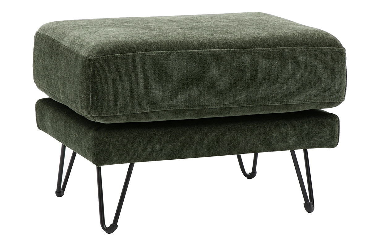Pouf repose-pieds en tissu velours vert kaki avec pieds en m�tal, vu de 3/4.