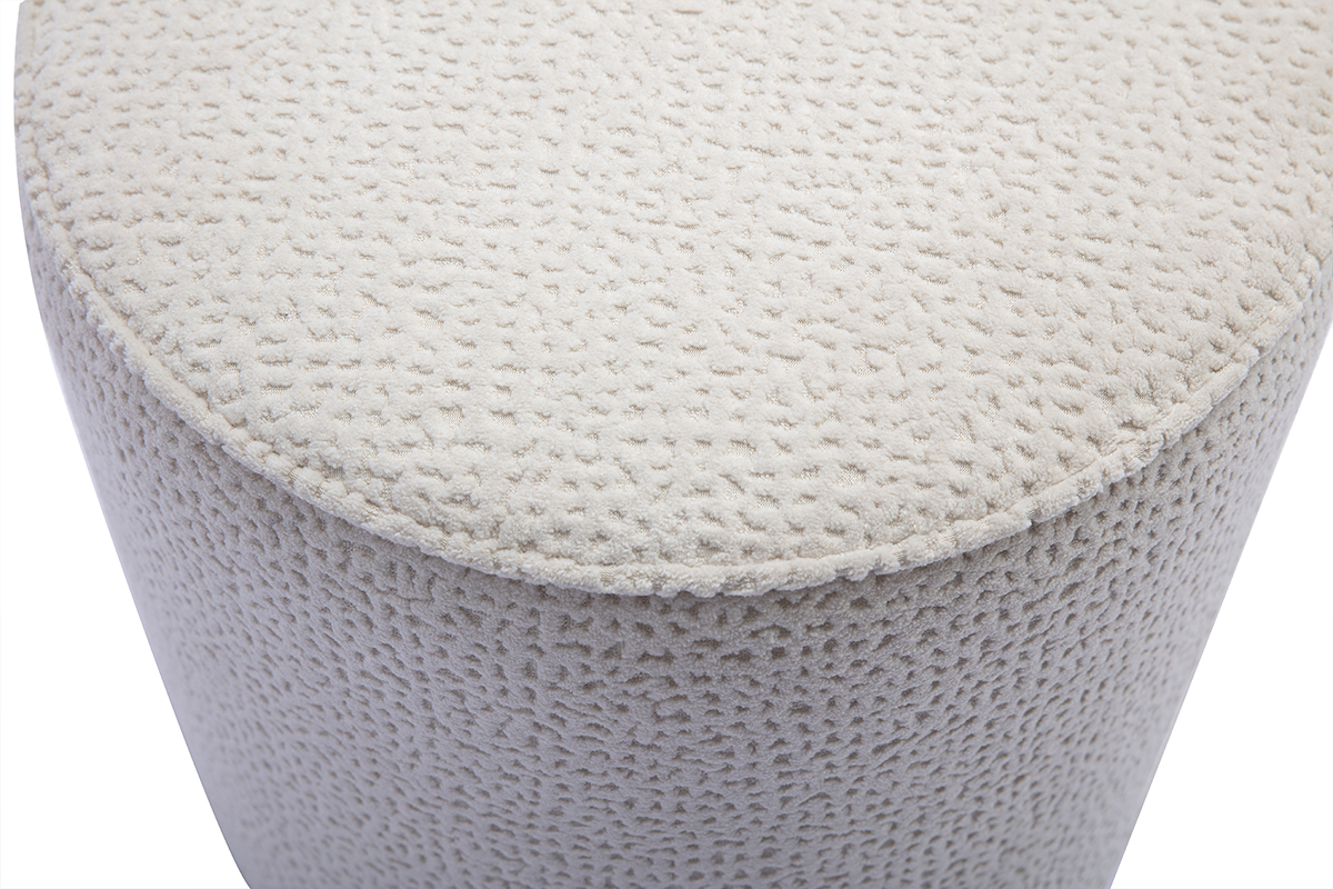 Vue du dessus du pouf rond en tissu effet velours textur� �cru � motifs, D40 cm.