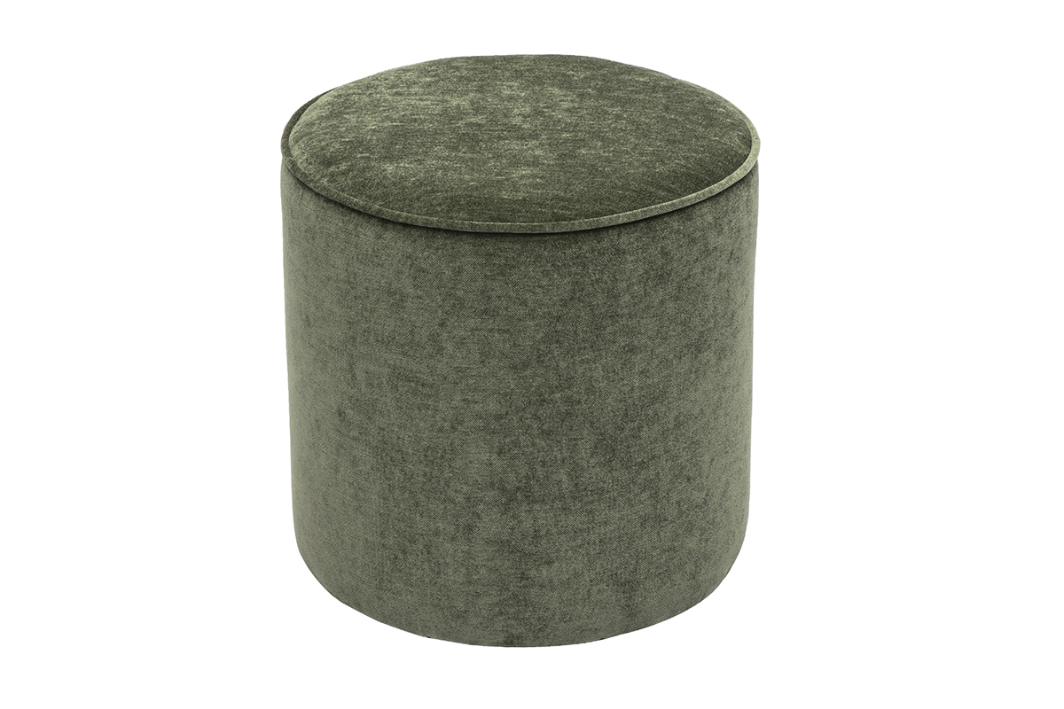 Pouf rond en tissu effet velours vert kaki, vue de haut.