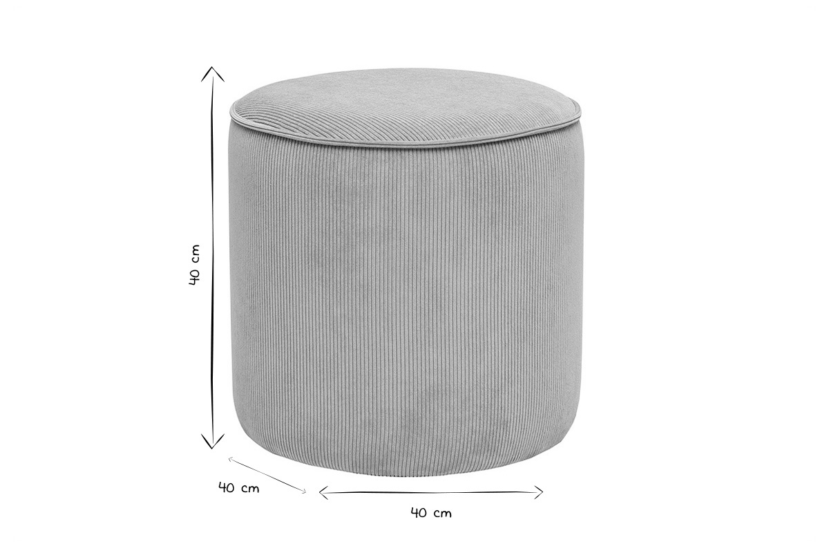 Pouf rond en velours c�tel�, dimensions 40 cm de diam�tre et hauteur, en noir et blanc.