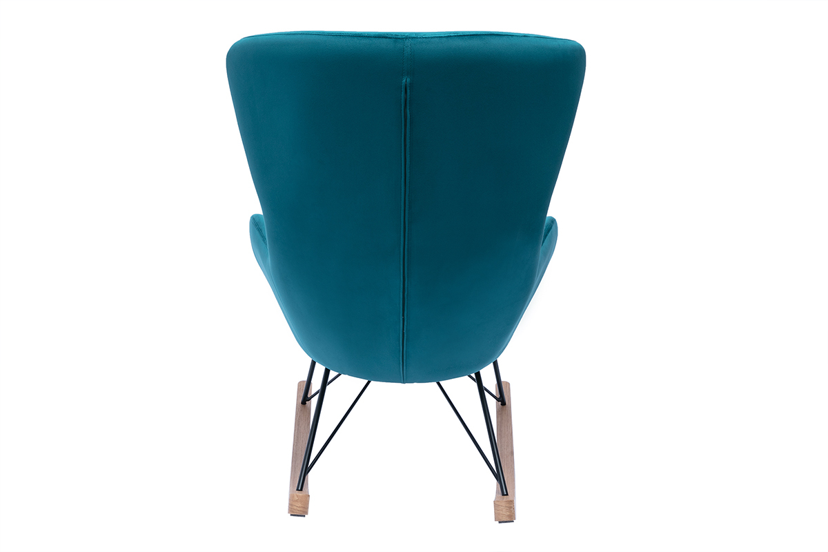 Rocking chair design en tissu velours bleu canard, m�tal noir et bois clair ESKUA