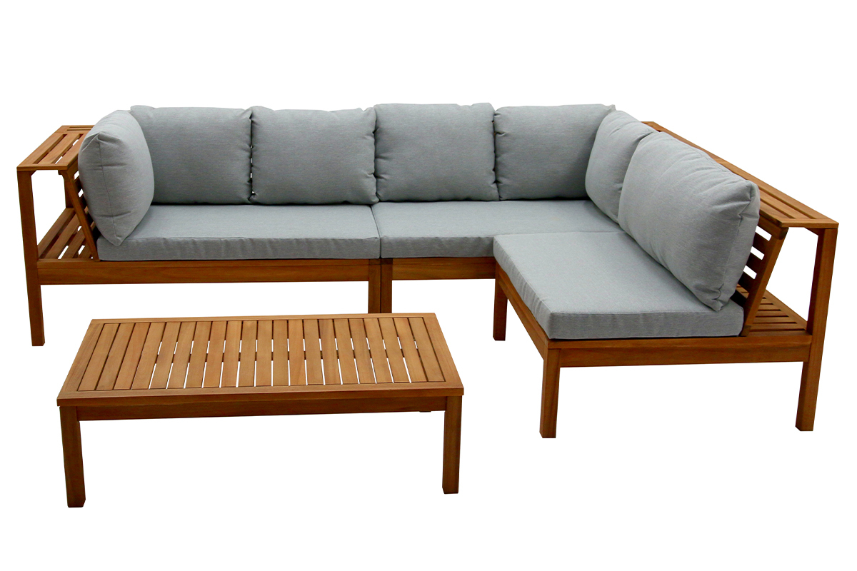 Salon de jardin d'angle en bois massif avec coussins d�houssables gris chin� BELIZE