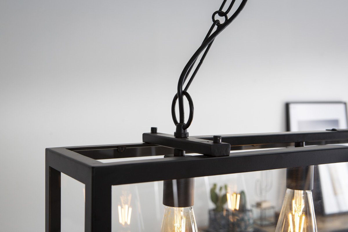 Suspension industrielle 4 lampes m�tal noir verre GALERIA