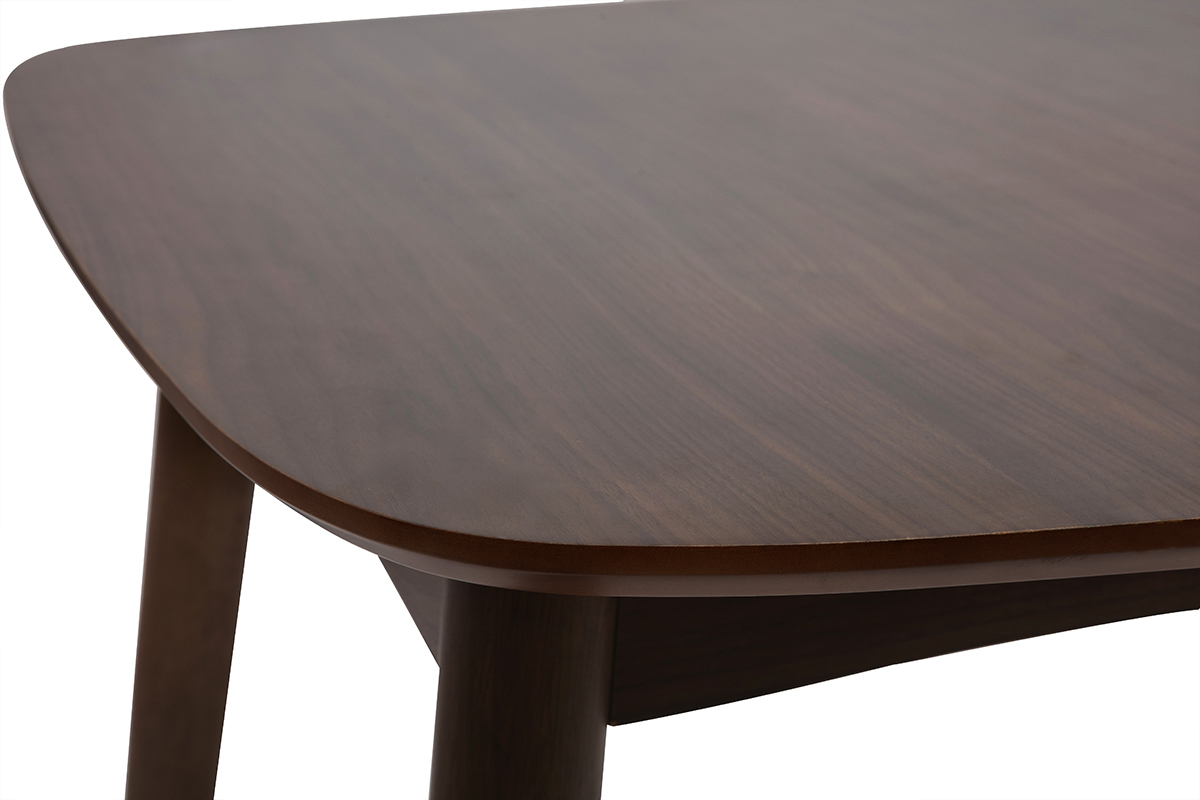 Table � manger extensible en noyer, vue en d�tail du plateau et des bords arrondis.