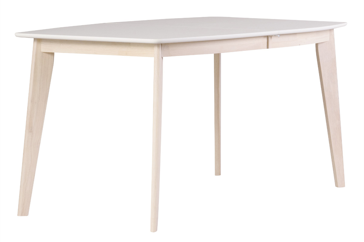 Table � manger extensible scandinave blanc et bois clair, vue de 3/4, dimensions L150-200 cm.