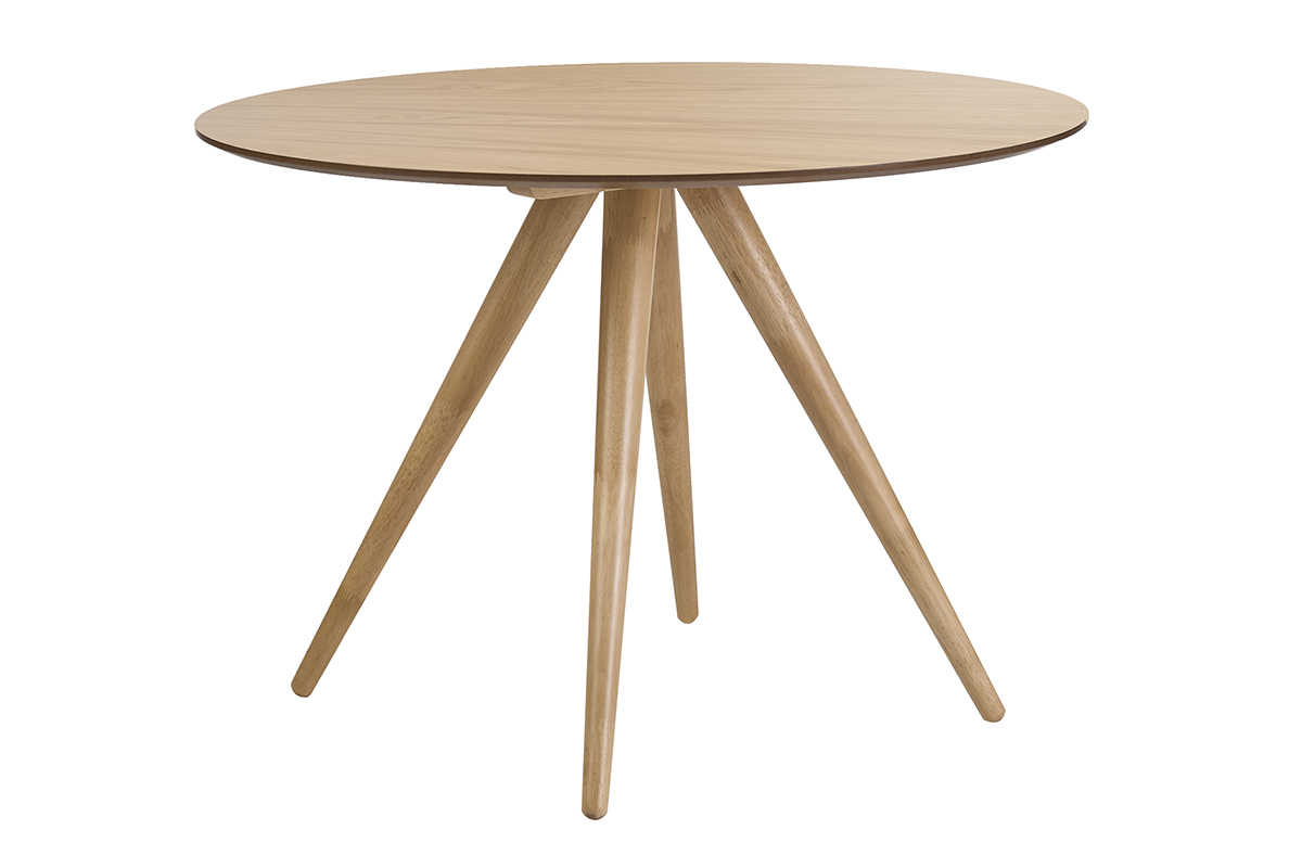 Table � manger ronde en bois clair fr�ne, vue de trois-quarts.