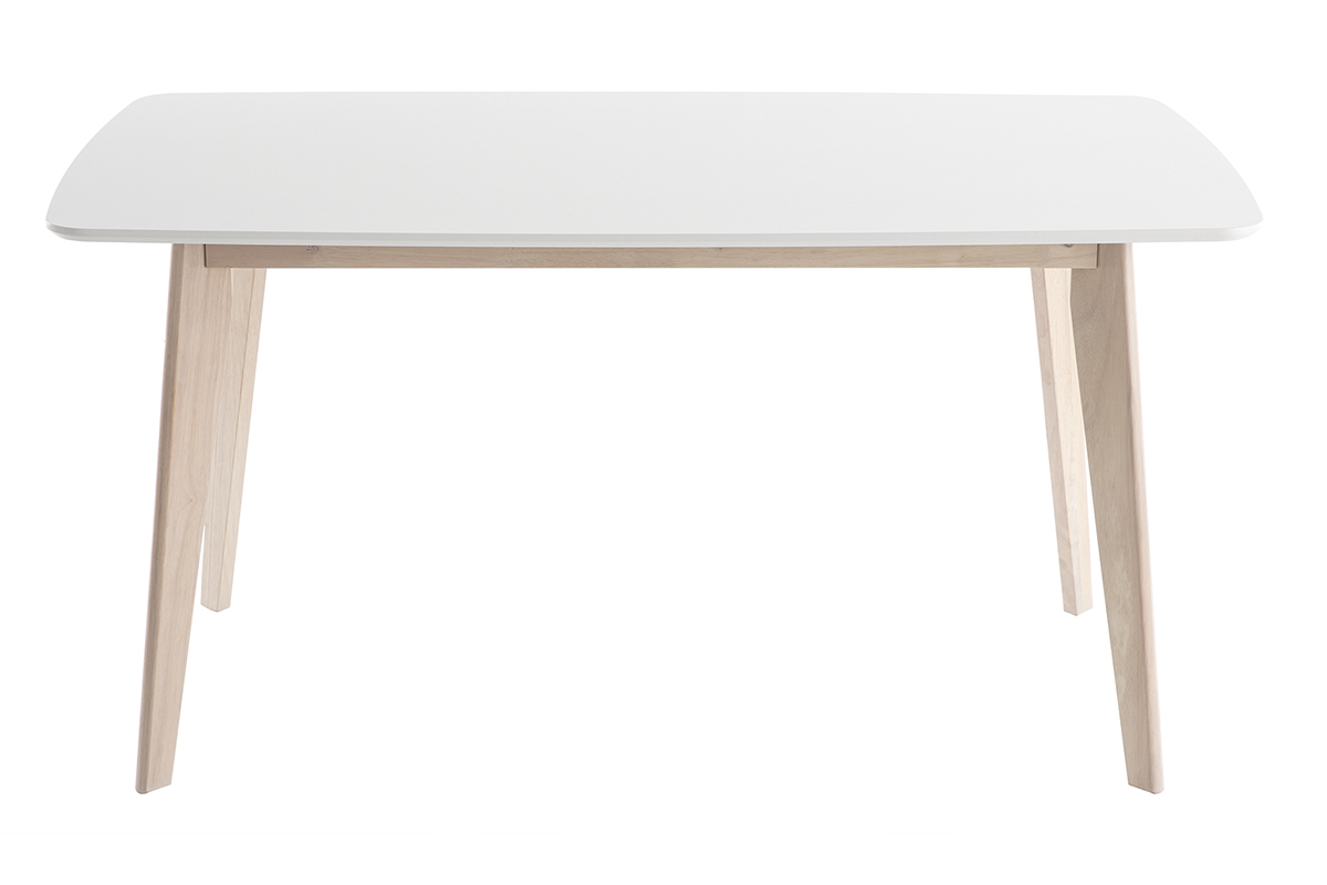 Table � manger scandinave rectangulaire blanche avec pi�tement en bois clair, vue de face