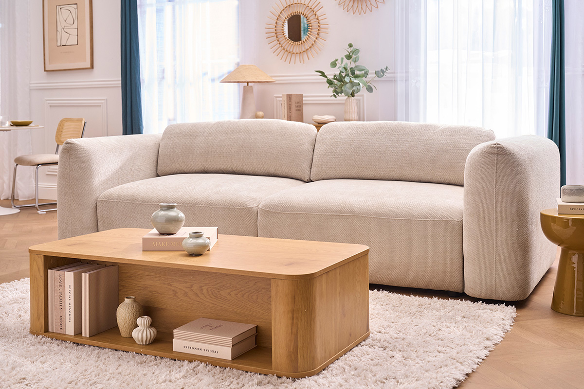 Table basse rectangulaire avec rangement 2 tiroirs finition bois clair ch�ne L120 cm NEGAN