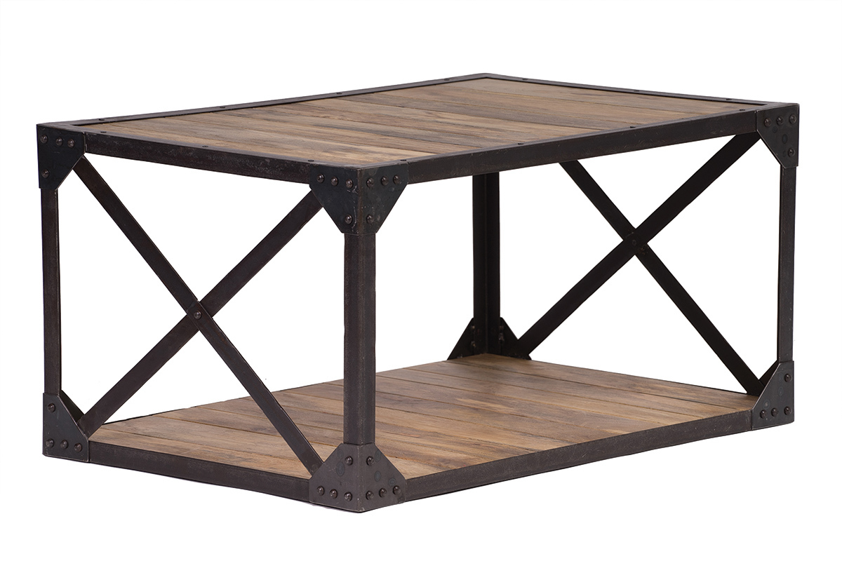 Table basse rectangulaire industrielle bois manguier massif et m�tal noir L90 cm ATELIER