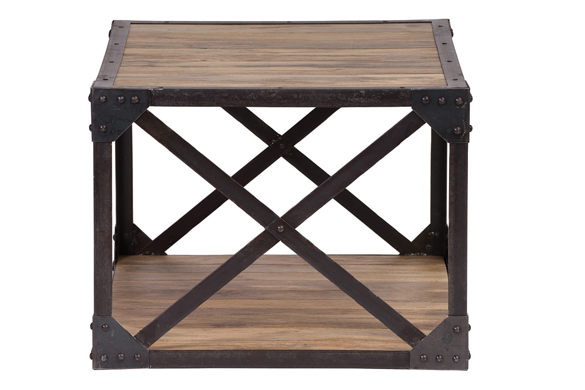 Table basse rectangulaire industrielle bois manguier massif et m�tal noir L90 cm ATELIER