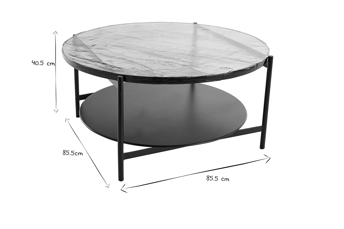 Table basse ronde avec double plateau en verre recycl� et m�tal noir D85 cm WELLE