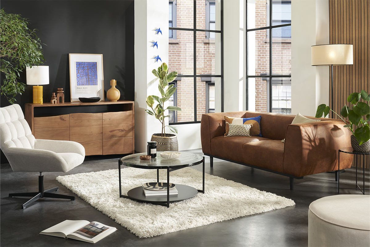 Table basse ronde avec double plateau en verre recycl� et m�tal noir D85 cm WELLE