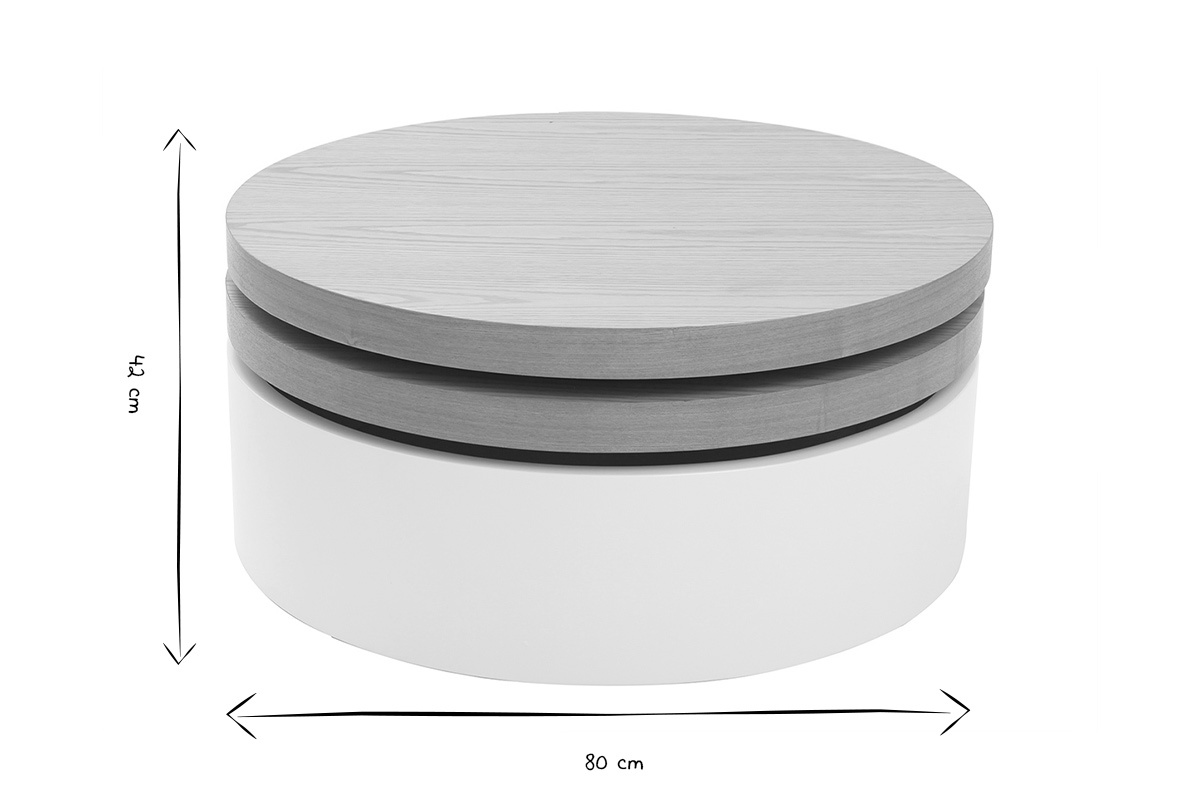 Table basse ronde avec plateaux pivotants et rangement blanc et bois clair ch�ne D80 cm ICON
