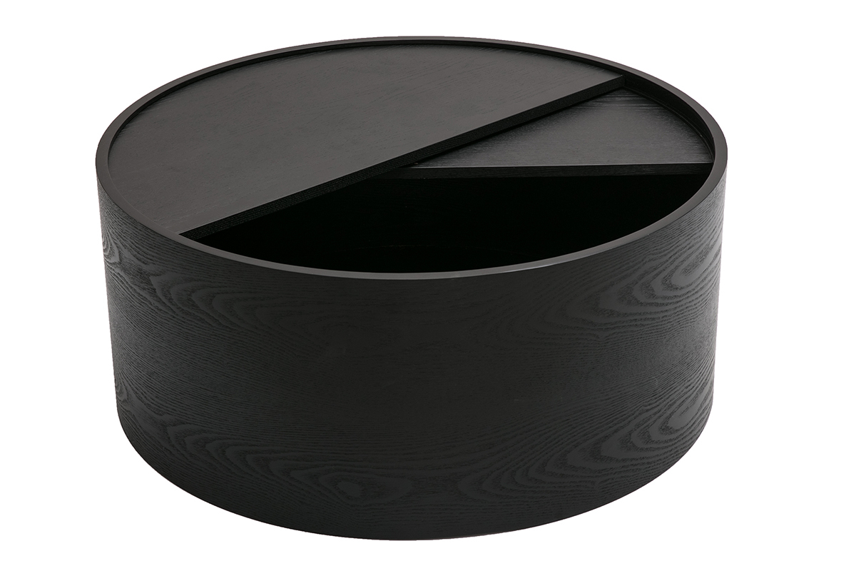 Table basse noire ronde avec plateau pivotant et rangement, vue de dessus.