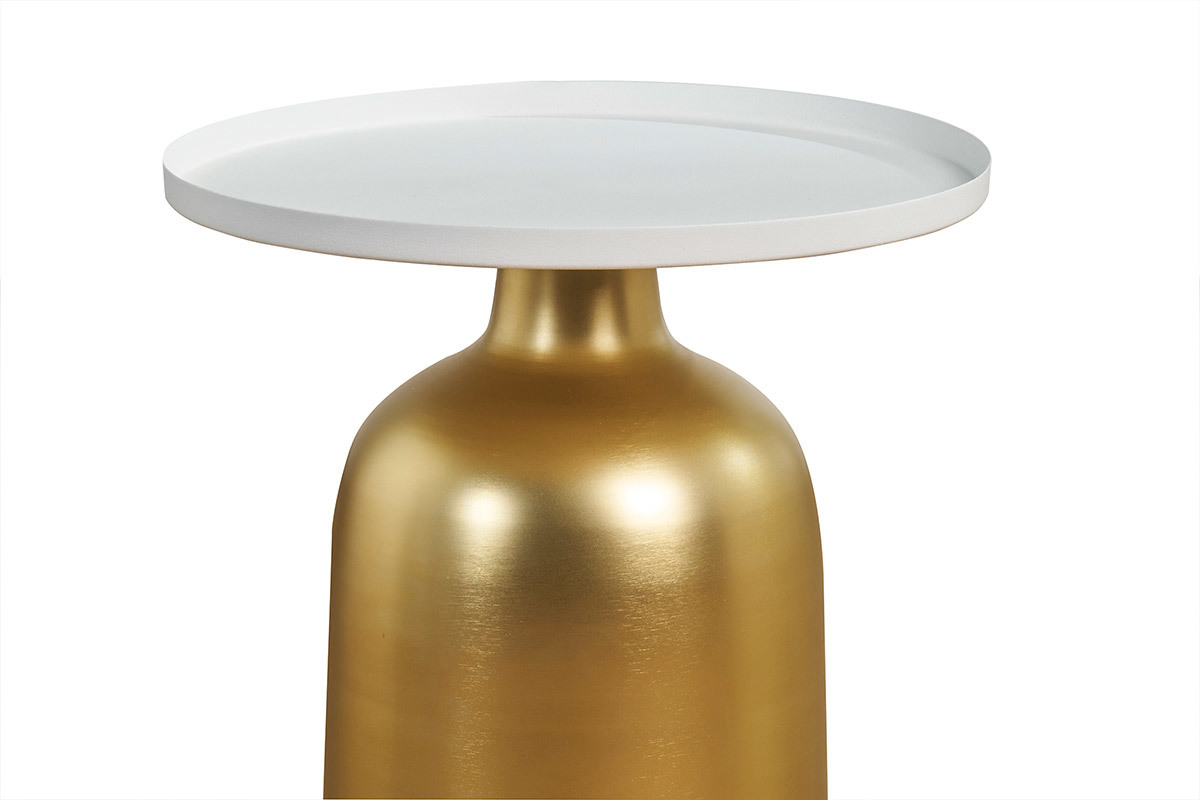Table d'appoint design ronde en m�tal dor� et plateau blanc mat RAMSES