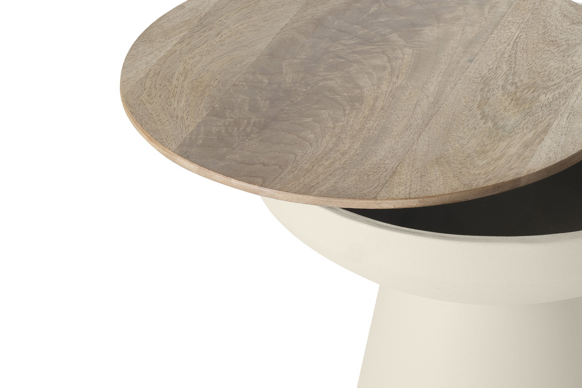 Table d'appoint ronde en bois manguier et m�tal gr�ge avec plateau amovible, vue de c�t�.