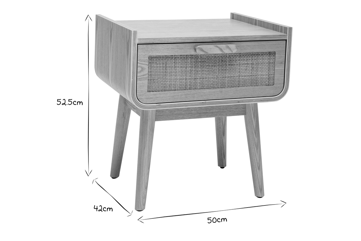 Table de chevet avec tiroir en bois clair fr�ne et cannage rotin ATH�NE