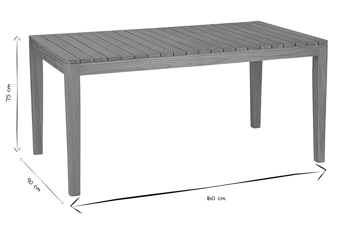 Dimensions de la table de jardin en bois teck massif : L160 x P90 x H75 cm en noir et blanc.