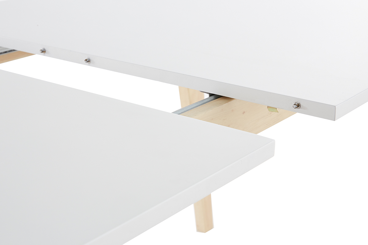 D�tail de la table rectangulaire extensible blanche avec rallonge int�gr�e, vue a�rienne du m�canisme.