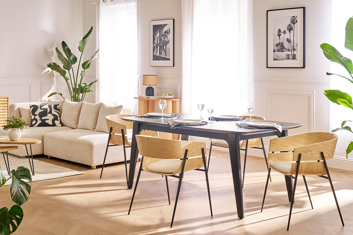 Table extensible rallonges int�gr�es rectangulaire en bois noir fr�ne L180-230 cm FIFTIES
