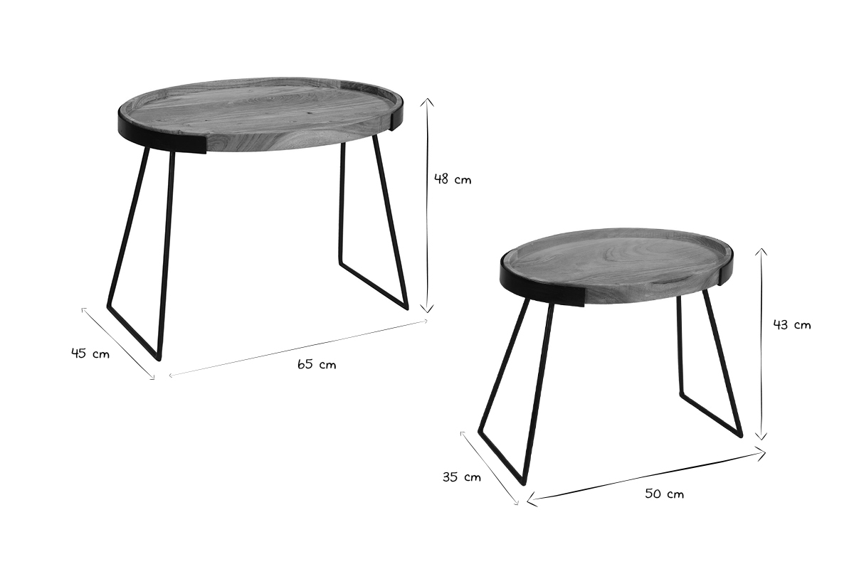 Tables basses rondes ELAVO en bois et m�tal, dimensions 65x45x48 cm et 50x35x43 cm, en noir et blanc.