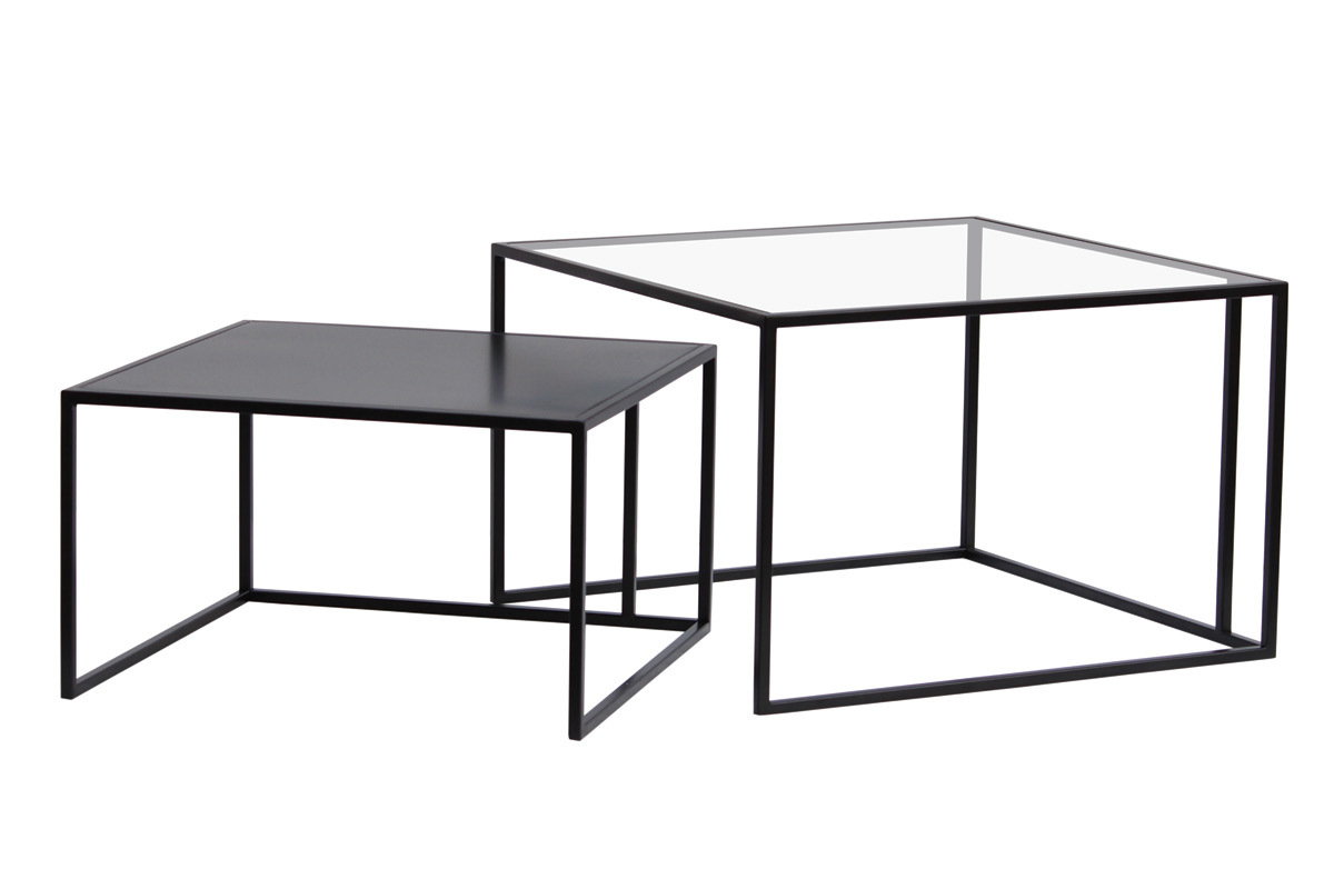 Tables basses gigognes carr�es design verre tremp� et m�tal noir (lot de 2) TAHL