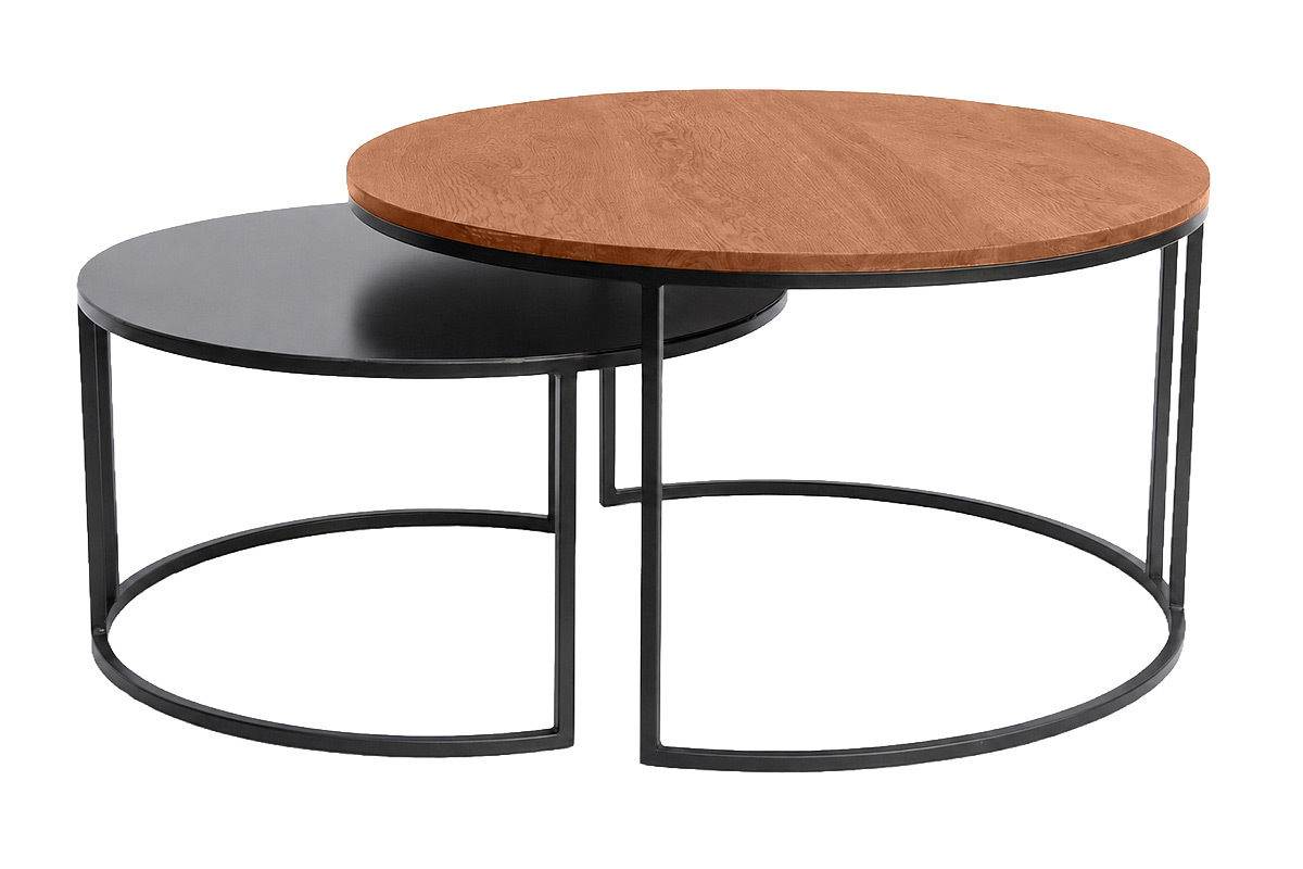 Tables basses gigognes rondes en bois manguier et m�tal noir, vue de face.