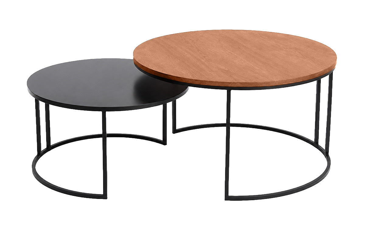 Ensemble de 2 tables basses gigognes, bois manguier teint� et m�tal noir, vue de face.
