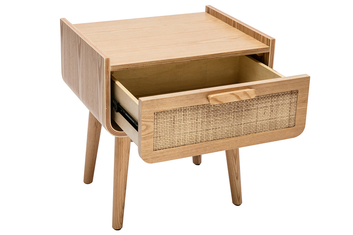 Tables de chevet avec tiroir en bois clair fr�ne et cannage rotin (lot de 2) ATH�NE