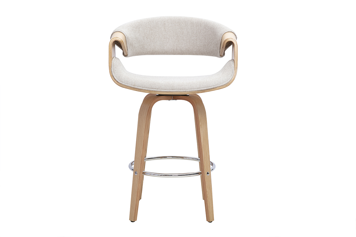 Tabouret de bar ARAMIS beige, assise pivotante, pieds en bois clair et repose-pied en acier chrom�, vue de face.