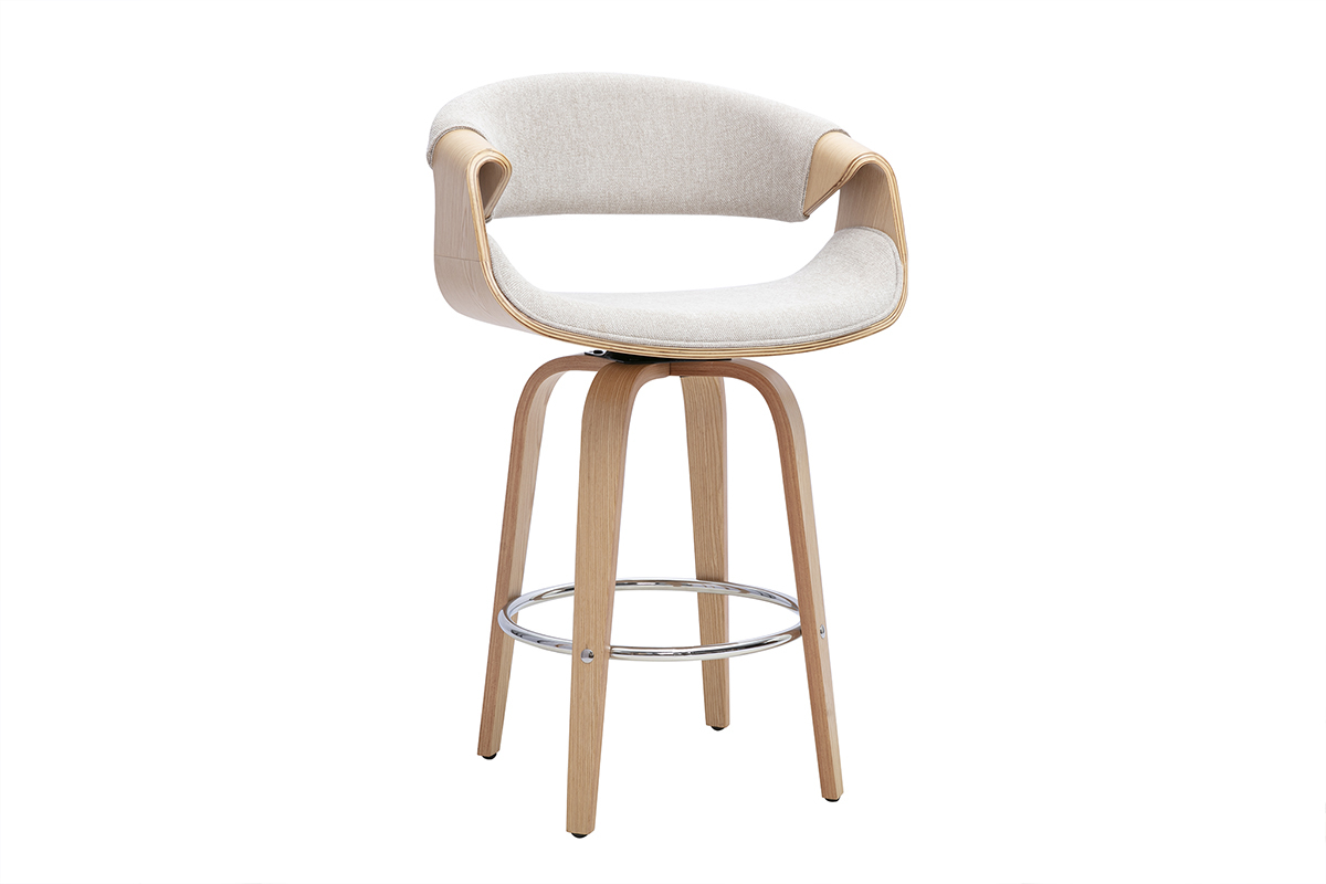 Tabouret de bar design en tissu beige avec dossier, pieds en bois clair et repose-pied en acier chrom�