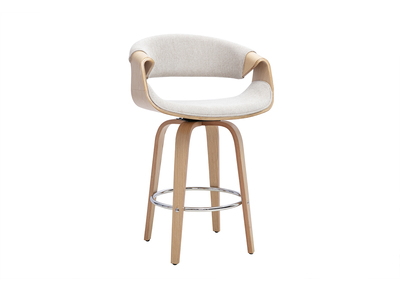 Tabouret de bar design en tissu effet velours textur&eacute; beige, bois clair et acier chrom&eacute; H68 cm ARAMIS