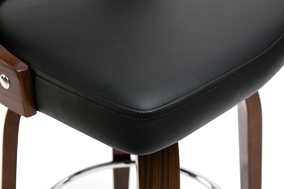 Tabouret de bar vintage noir et bois fonc�, vue du dessus, assise rembourr�e et pi�tement arrondi.