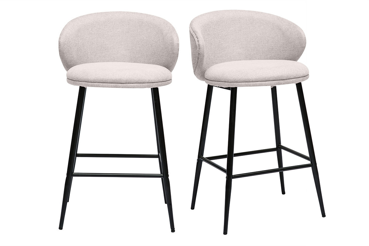 Tabourets de bar design en tissu effet velours textur� beige et m�tal noir (lot de 2) ROSALIE